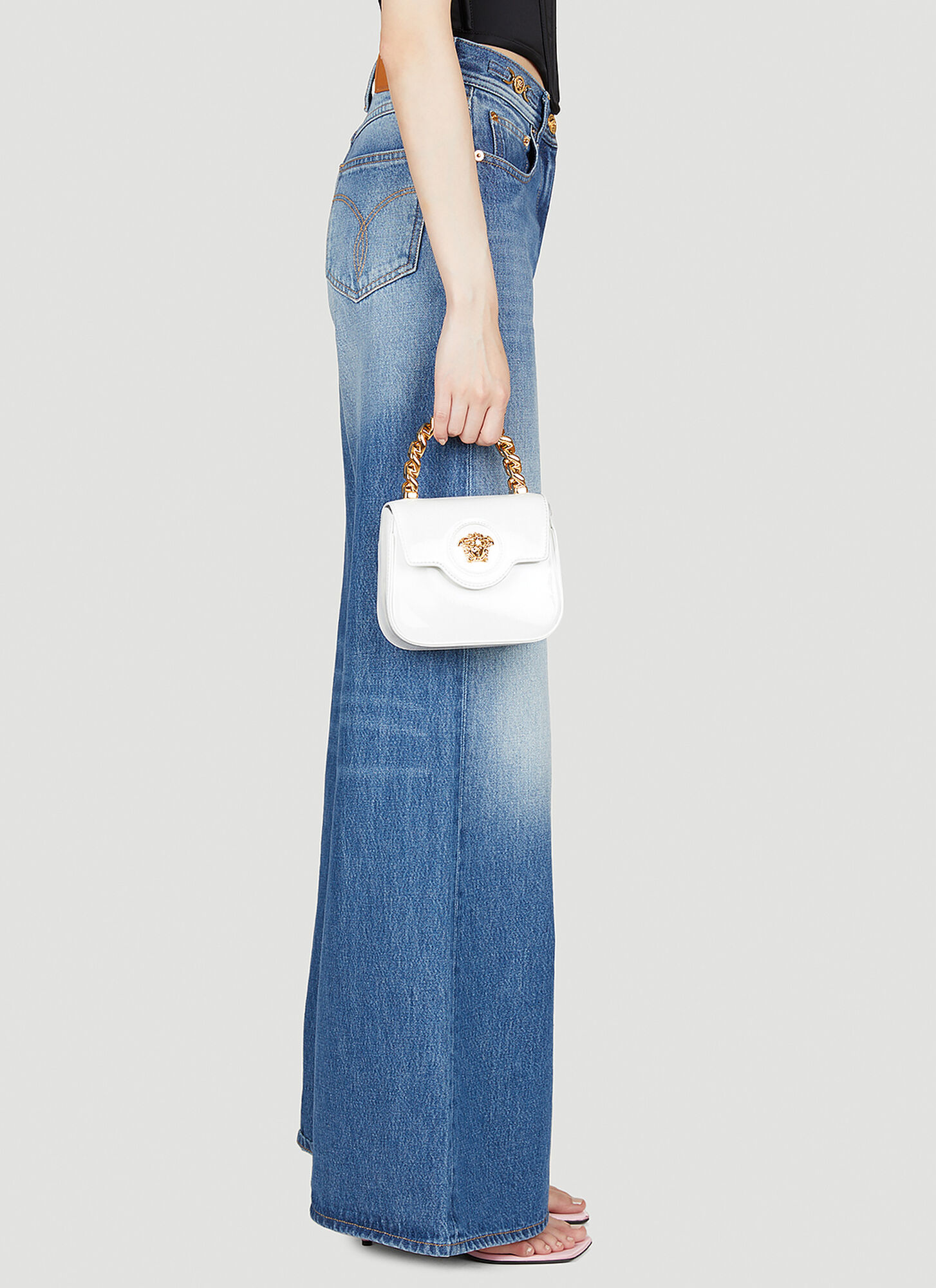 Shop Versace La Medusa Patent Mini Bag In White
