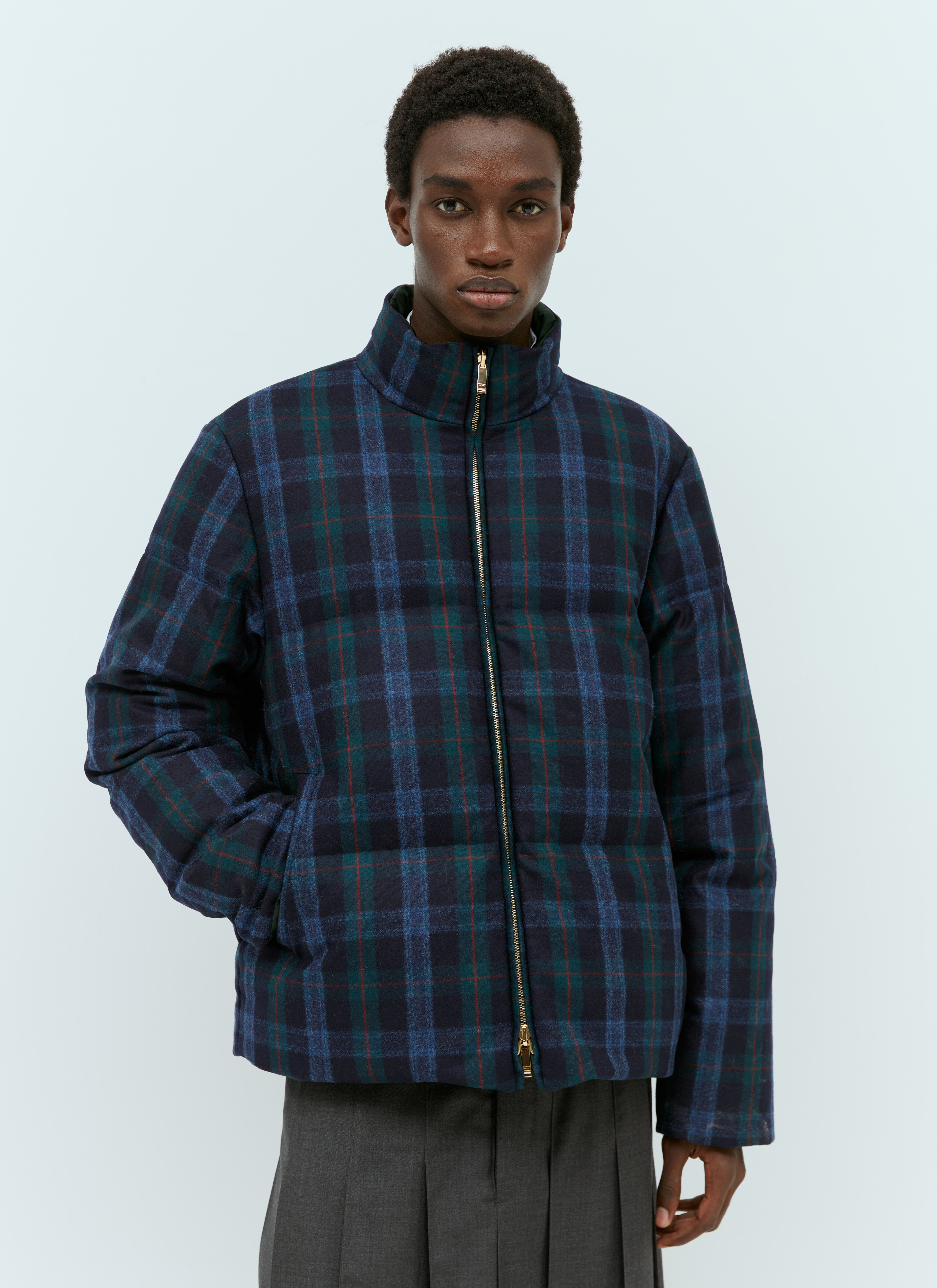 Thom Browne Men s Tartan Flannel Reversible Down Jacket in Navy