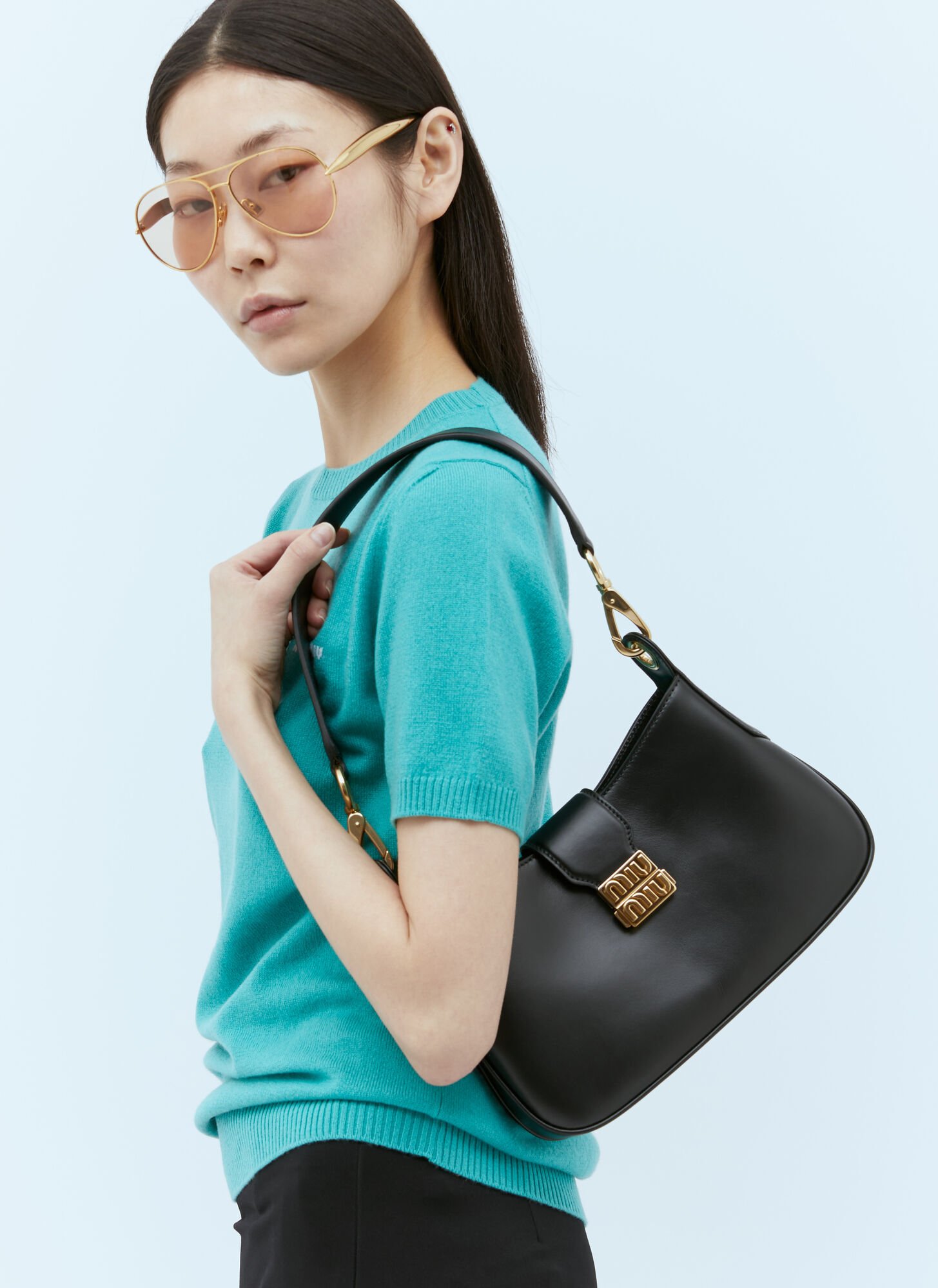 Shop Miu Miu Logo Plaque Leather Shoulder Bag In Black