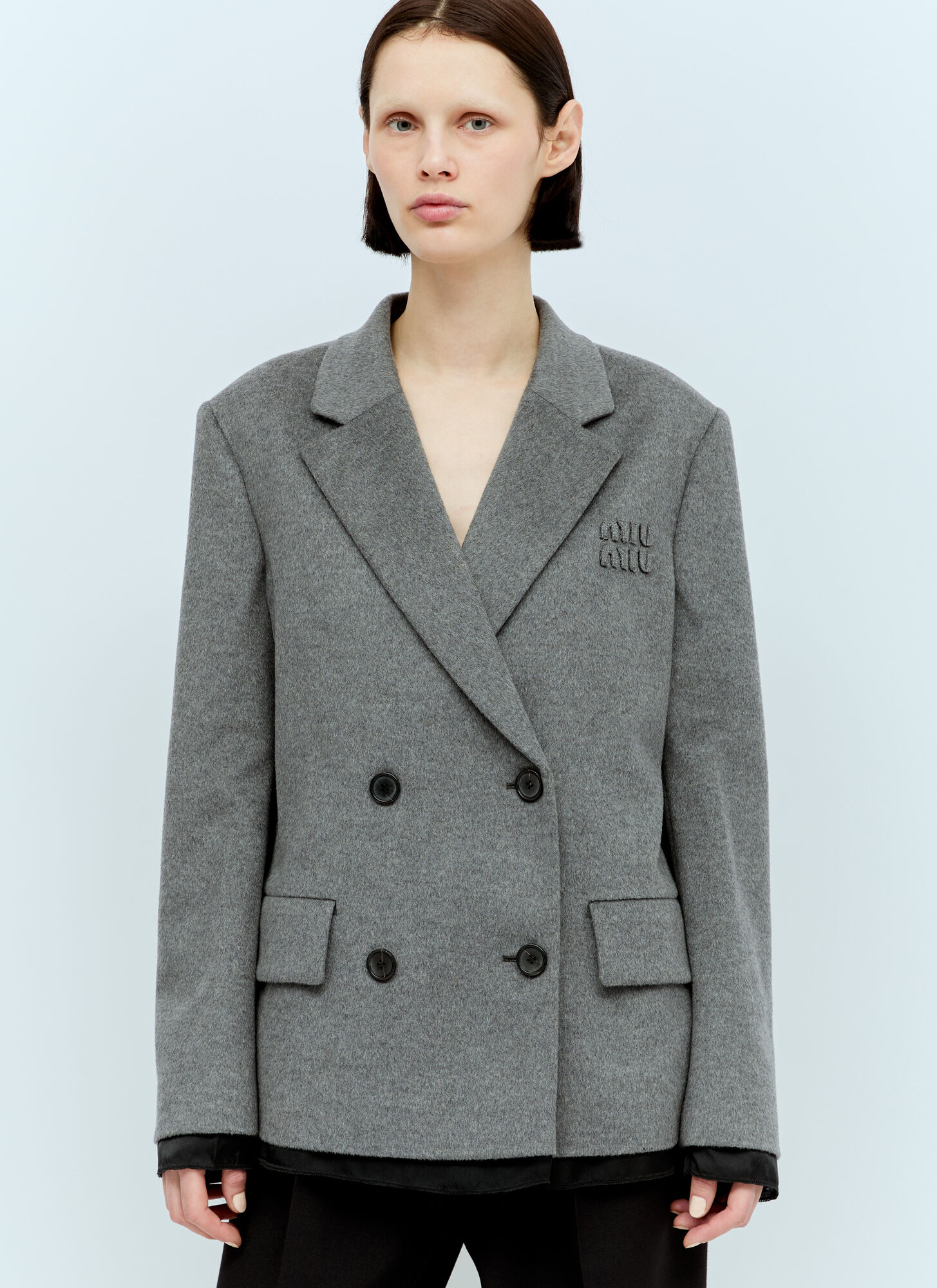 Shop Miu Miu Raw-trims Wool Blazer In Grey