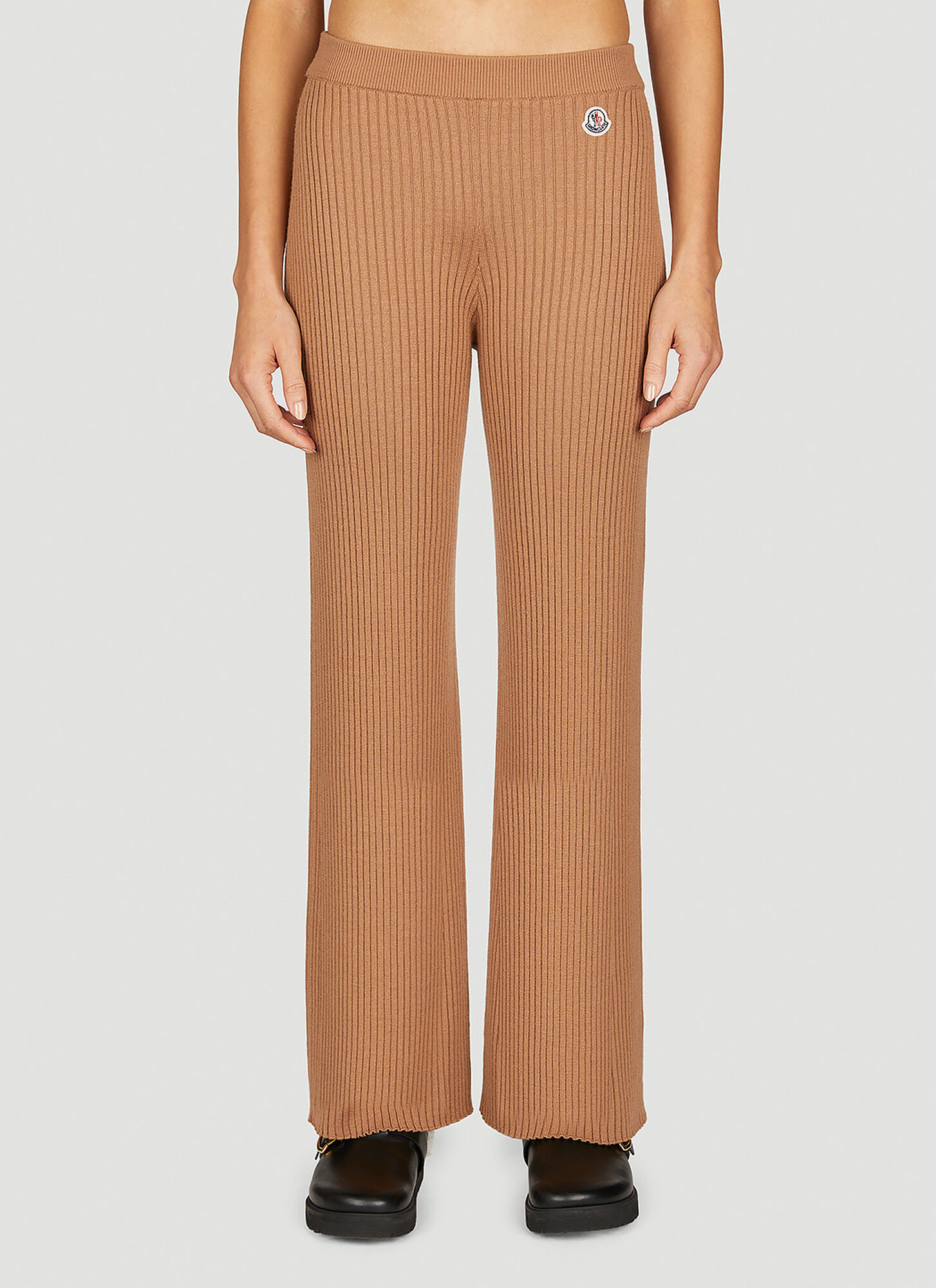 Moncler Logo-patch Ribbed-knit Trousers In Brown
