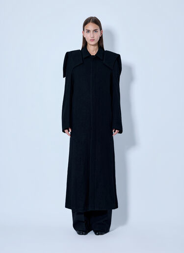 LN-CC® - Yohji Yamamoto: Shrink Serge Paneled Shoulder Long Coat - Black Yohji Yamamoto Shrink Serge Paneled Shoulder Long Coat Black yoy0263001