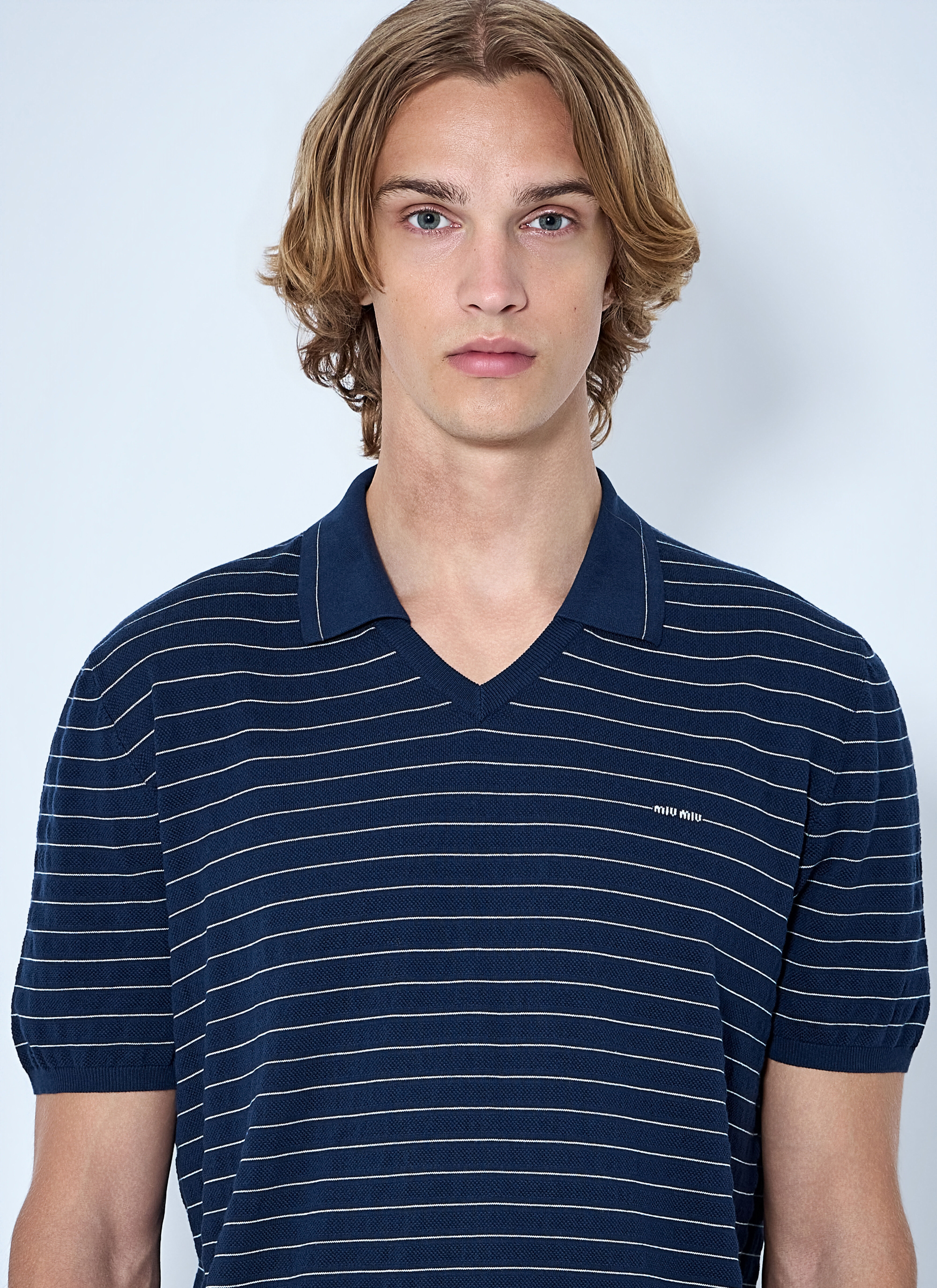 みゅうページ Miu Miu Men's' Striped V-Neck Polo Shirt in Blue | LN-CC®
