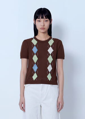 GANNI Light Cotton Argyle T-Shirt Brown gan0265009