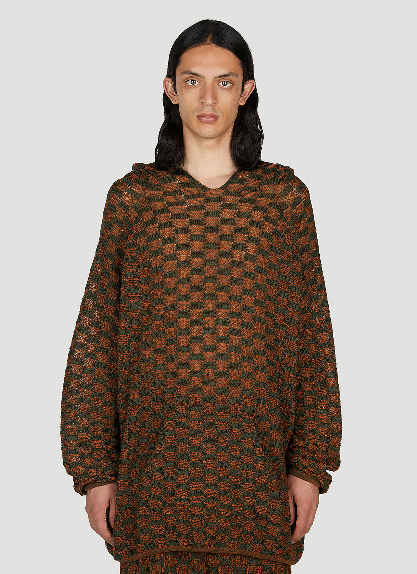 Isa Boulder Check Knit Hooded Sweater In Brown