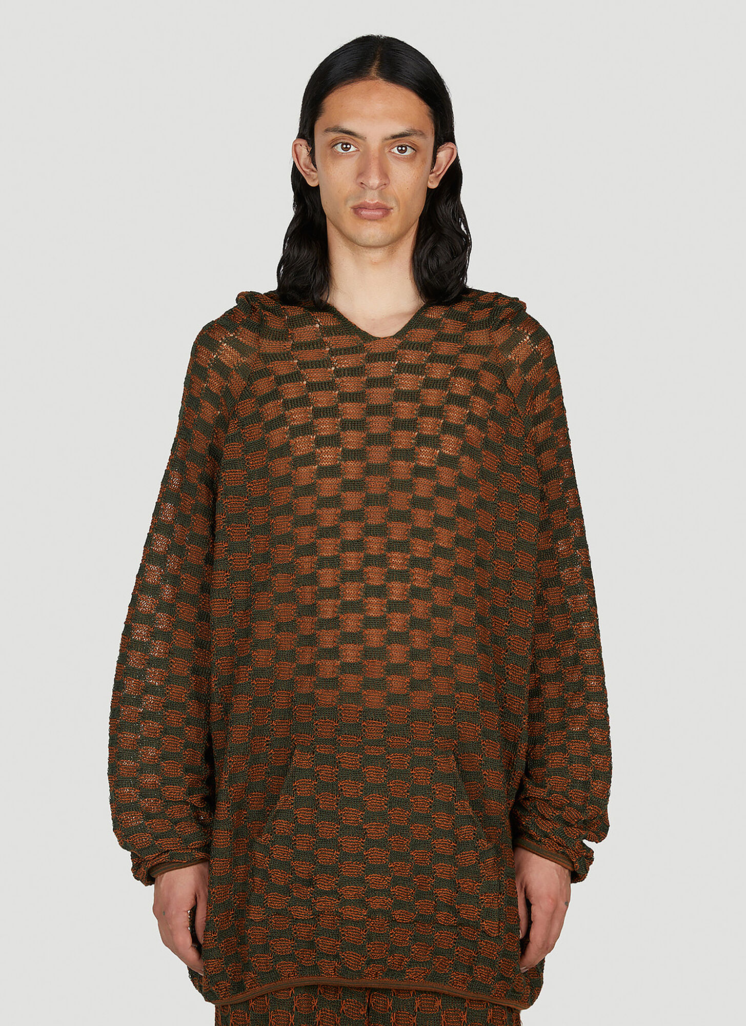 Isa Boulder Check Knit Hooded Sweater In Brown