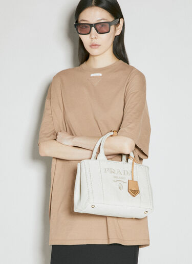 Prada 徽标刺绣帆布手提包 米色 pra0256031
