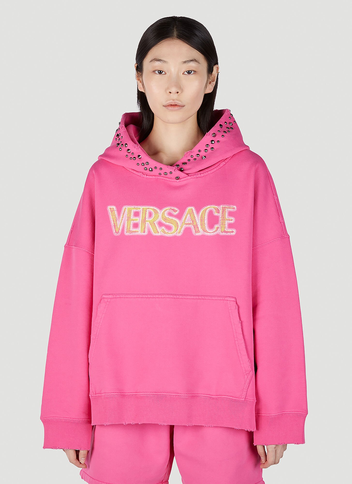 Shop Versace Logo Embroidered Hooded Sweatshirt In Pink