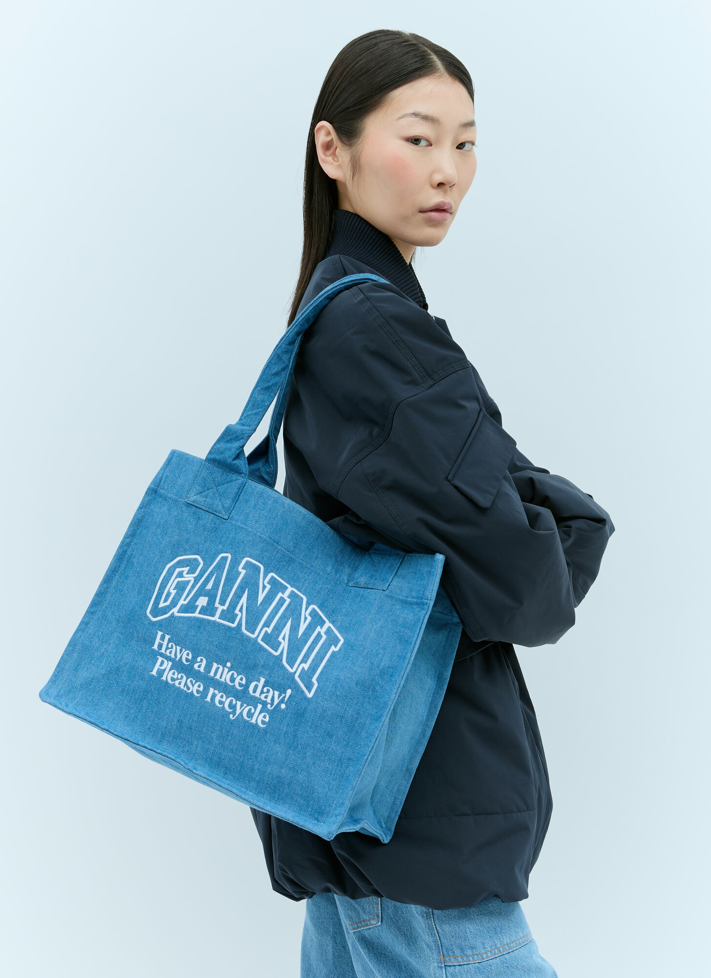 Shop Ganni Large Easy Denim Tote Bag In Blue