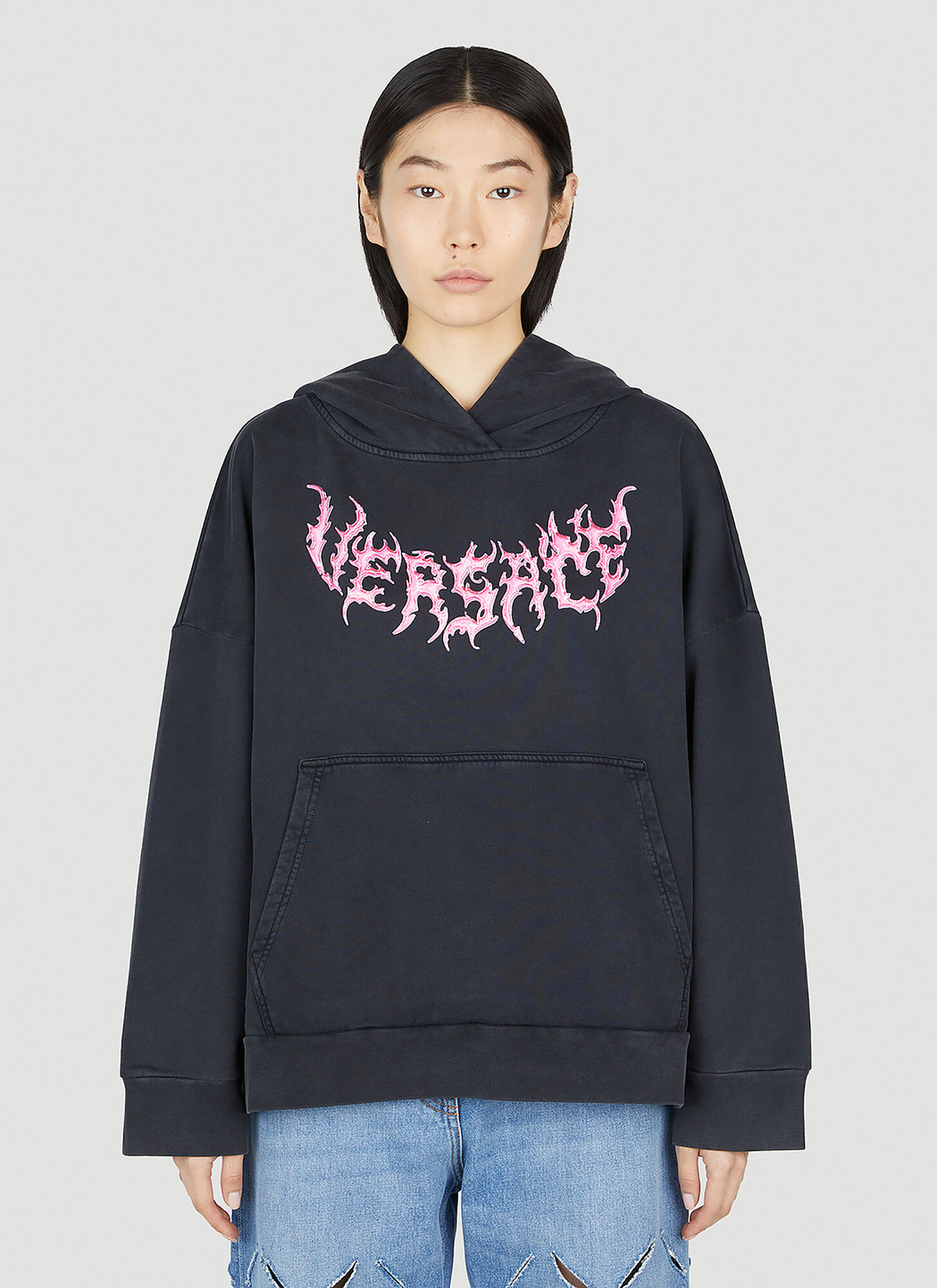 Versace Black Cotton Oversize Sweatshirt In Black