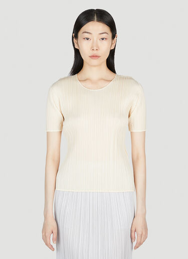 Pleats Please Issey Miyake Pleated U-Neck Top Beige plp0253007