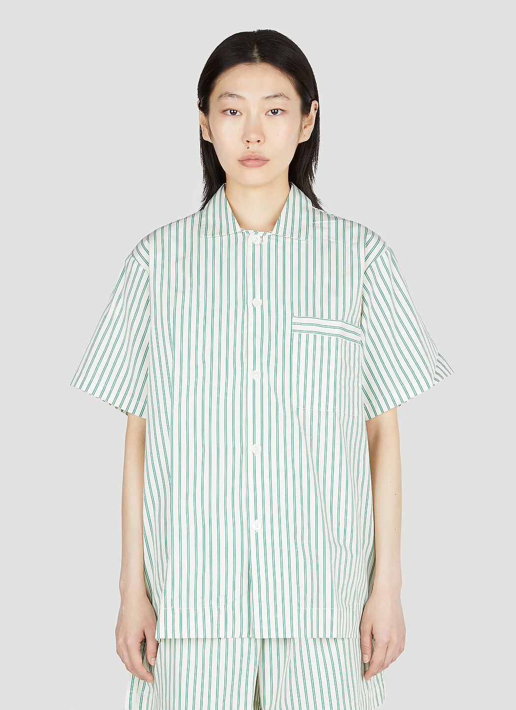 Tekla Clover Stripe Short Sleeve Pyjama Shirt Cream tek0355006