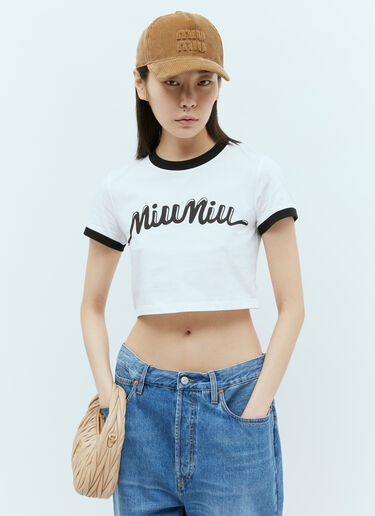 Miu Miu 엠보싱 로고 벨벳 베이스볼 캡 화이트 miu0255024