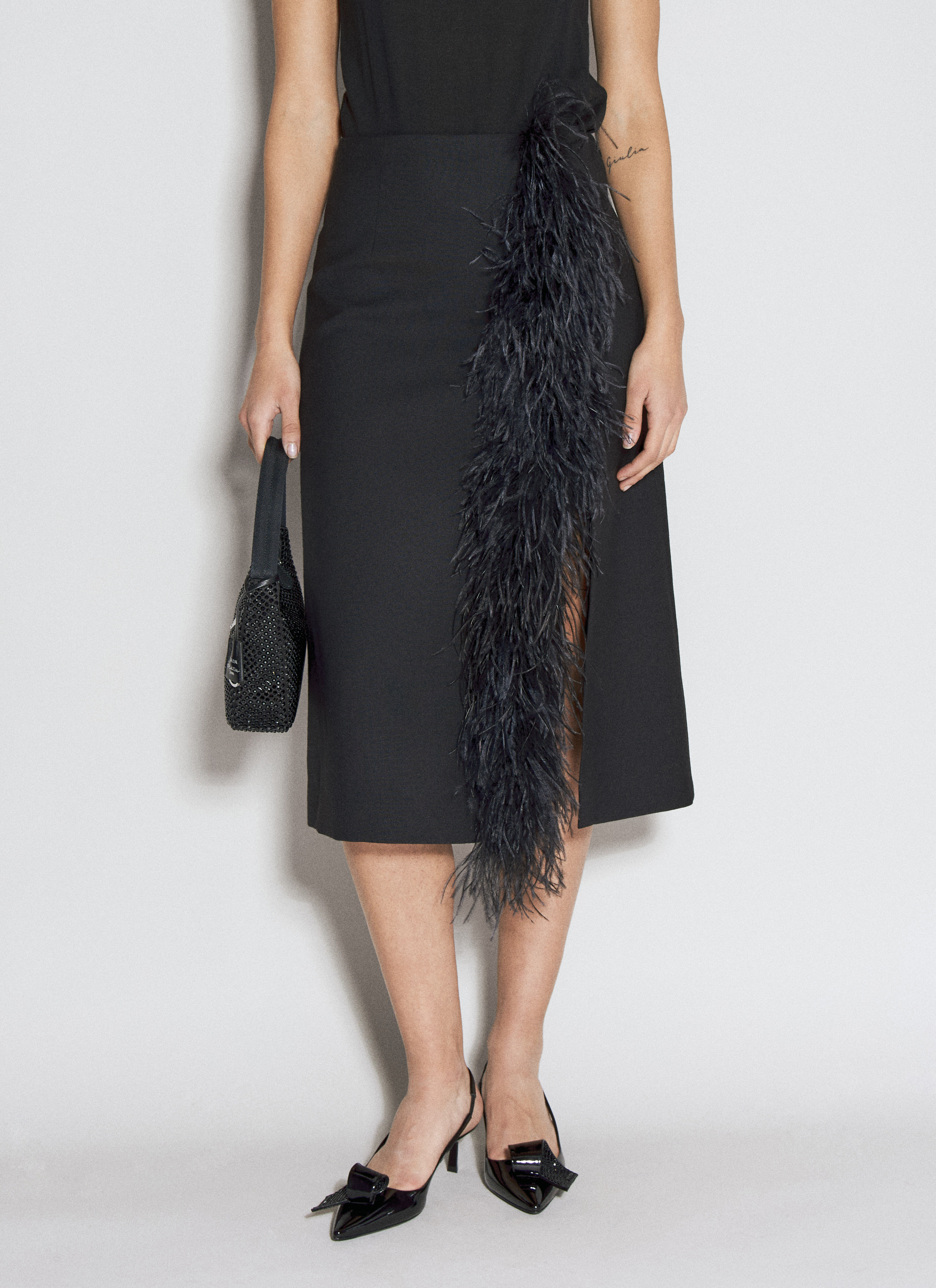 The Row Feather-Trimmed Wool Midi Skirt Black row0256013