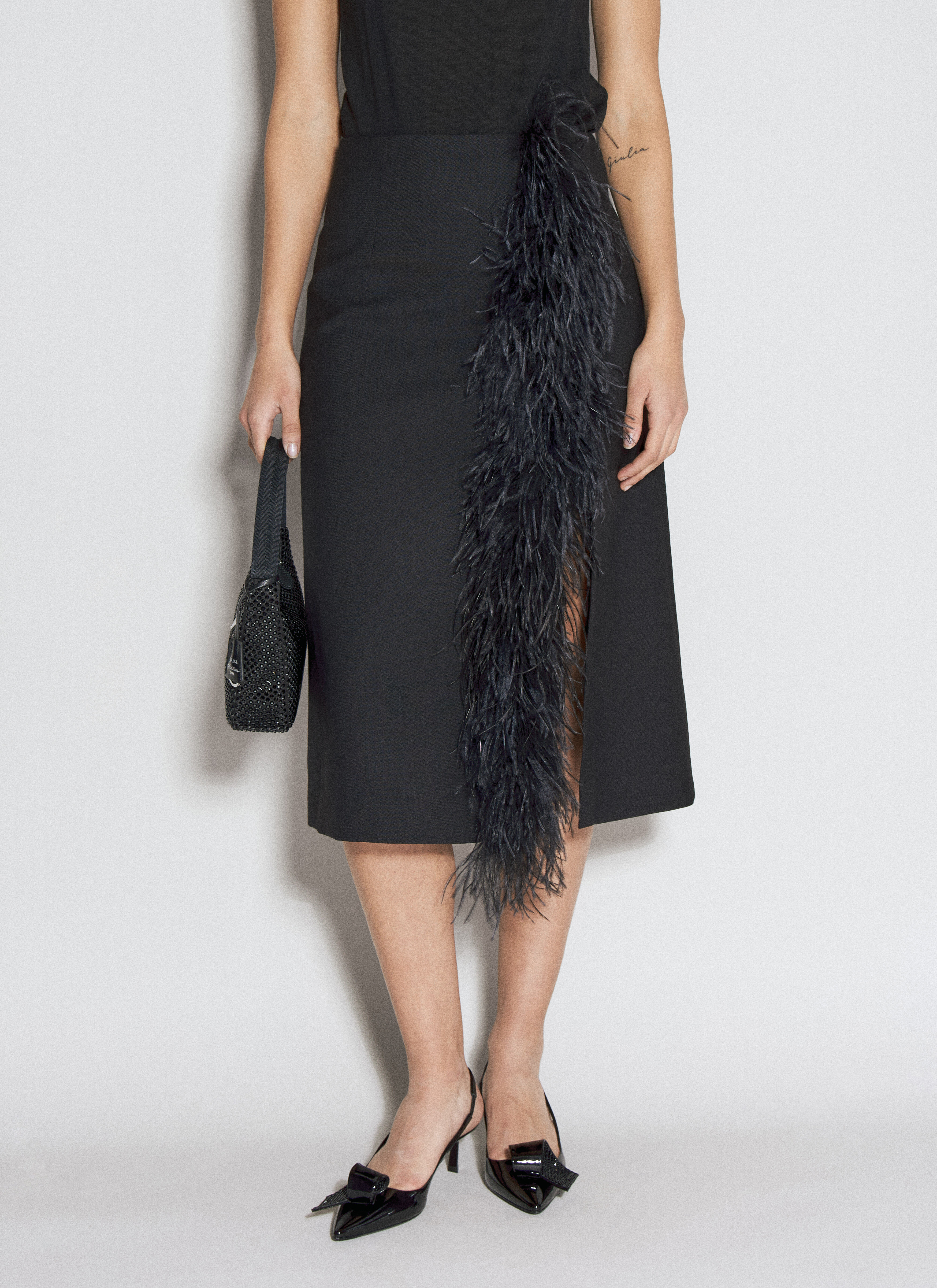 Prada Feather Trimmed Wool Midi Skirt in Black fur Damen LN CC