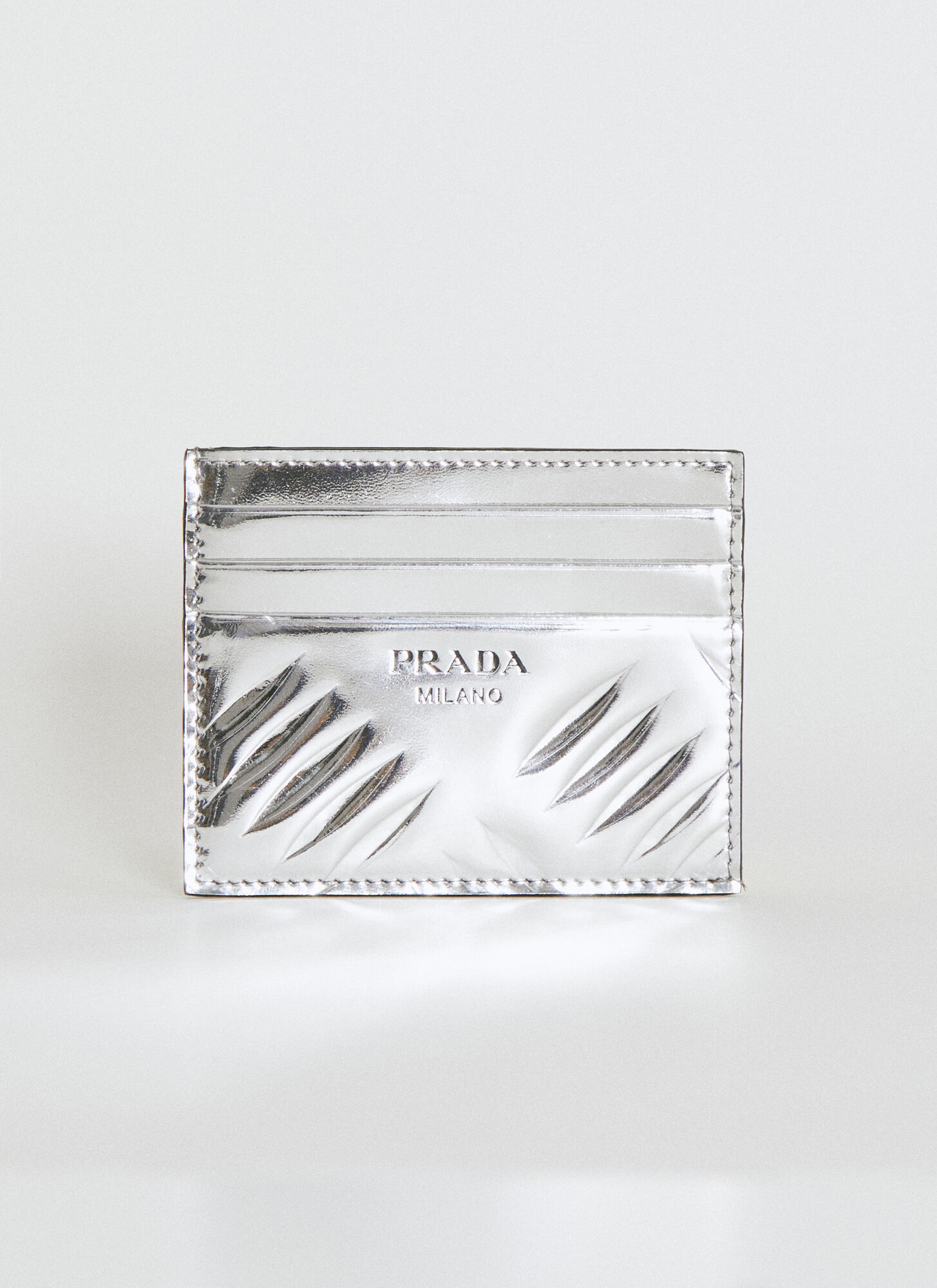 Shop Prada Debossed Logo Metallic Cardholder In Silver