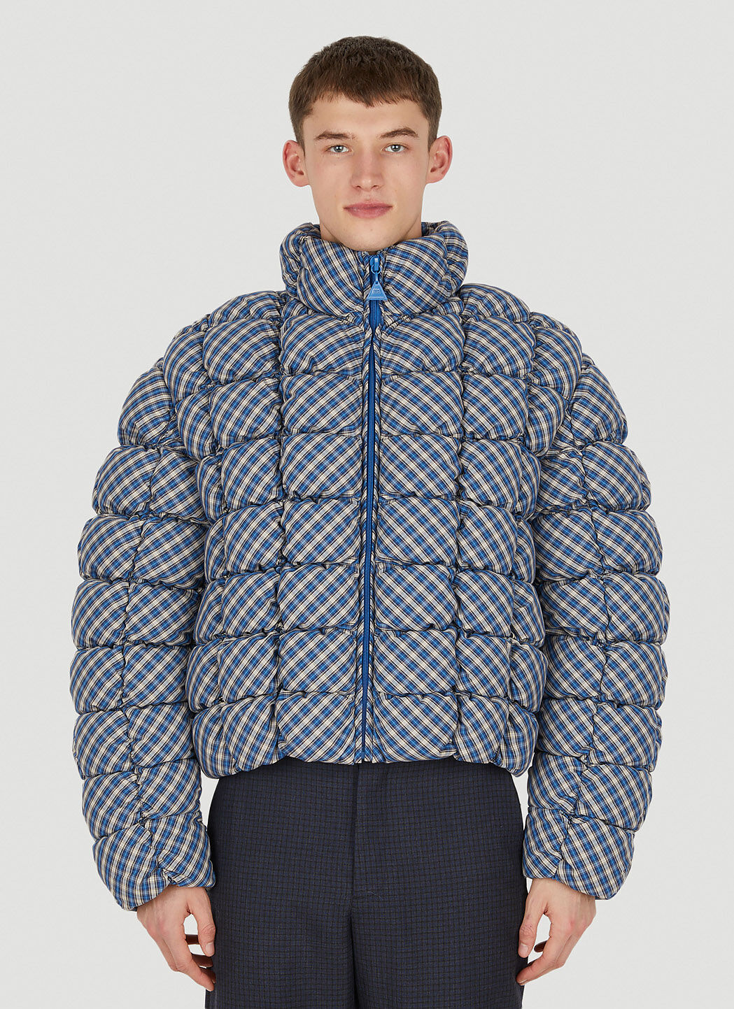 Blue plaid puffer jacket clearance