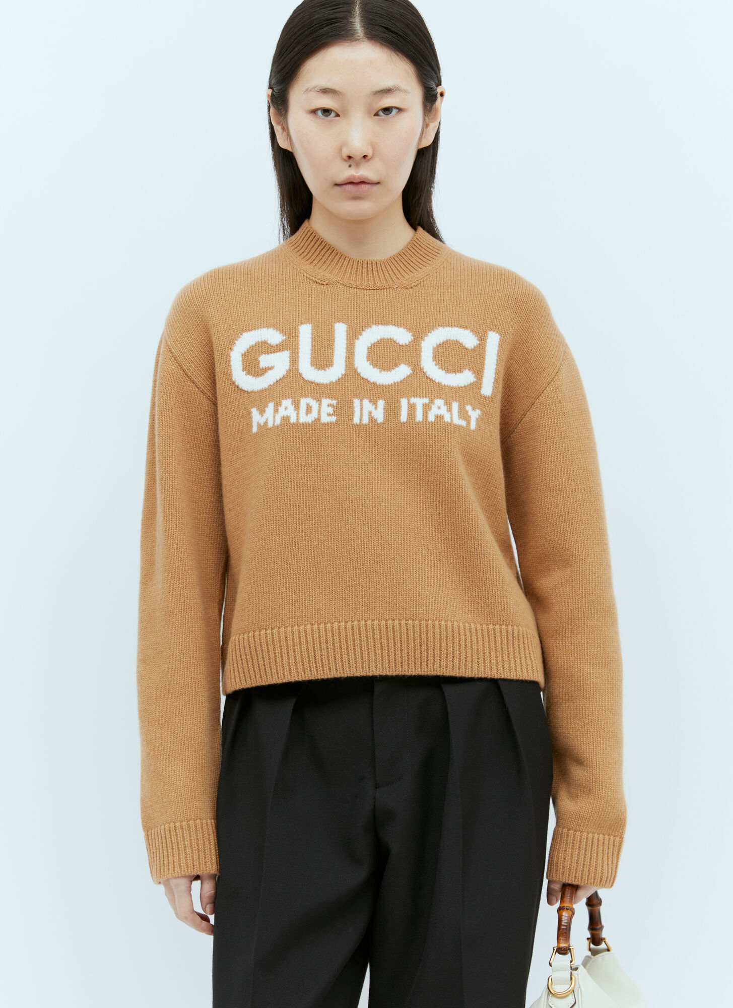 Shop Gucci Logo Intarsia Wool Knit Sweater In Beige