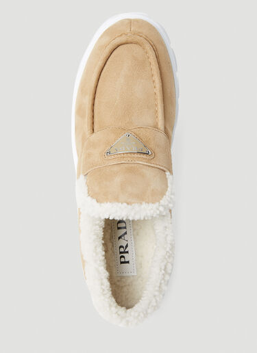 Prada Shearling Lined Suede Platform Loafers Beige pra0254020