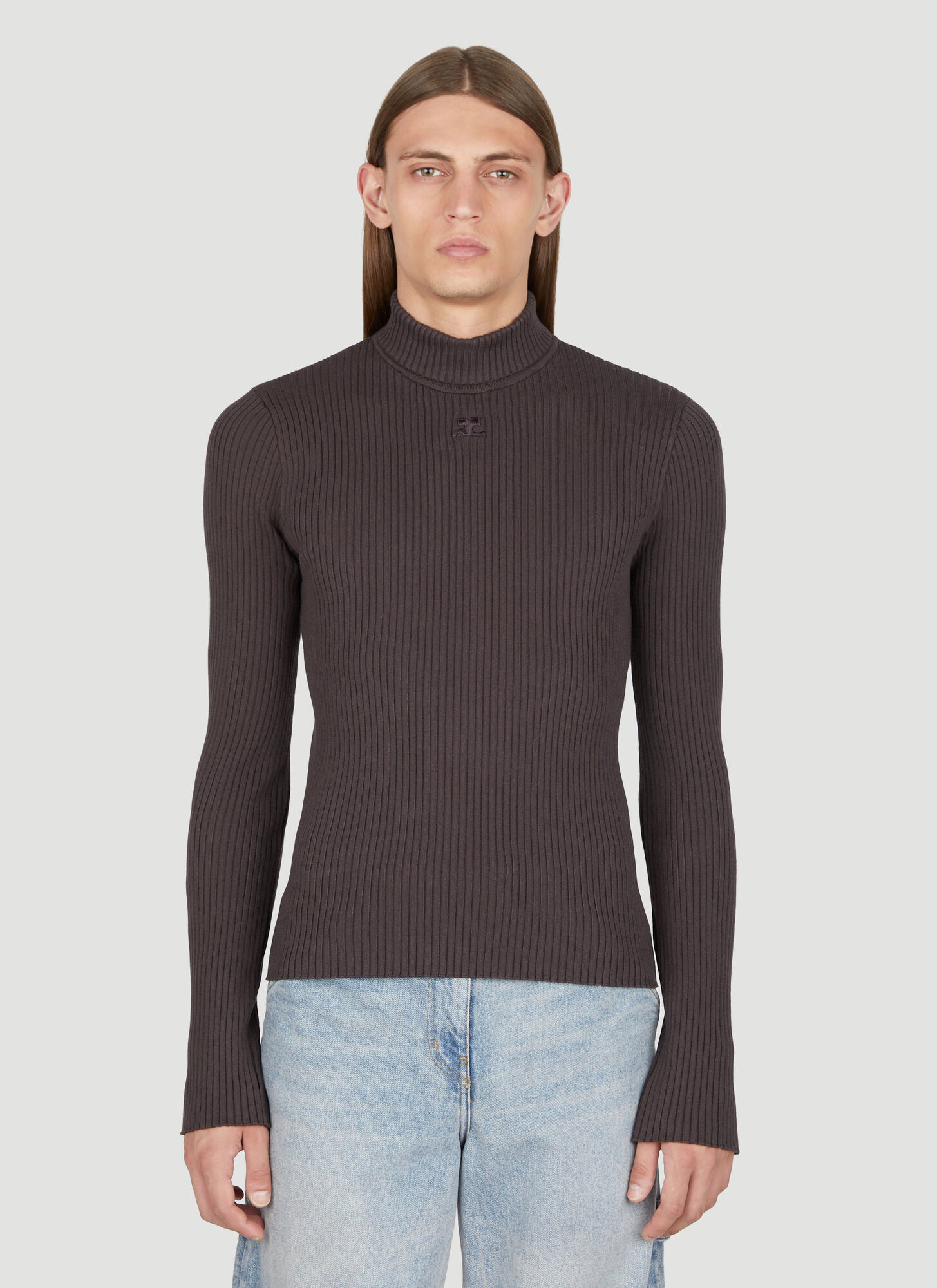 Courrèges Ribbed Logo Patch High Neck Sweater In Brown