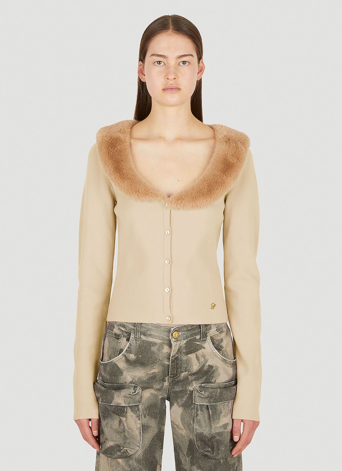 Blumarine Detachable Faux-fur Trimmed Blouse In Neutrals