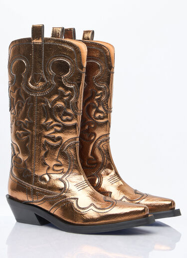 Ganni Mid Shaft Embroidered Metallic Western Boots Brown gan0258046