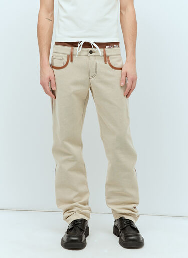 Miu Miu Leather Trim Canvas Pants Beige miu0156001