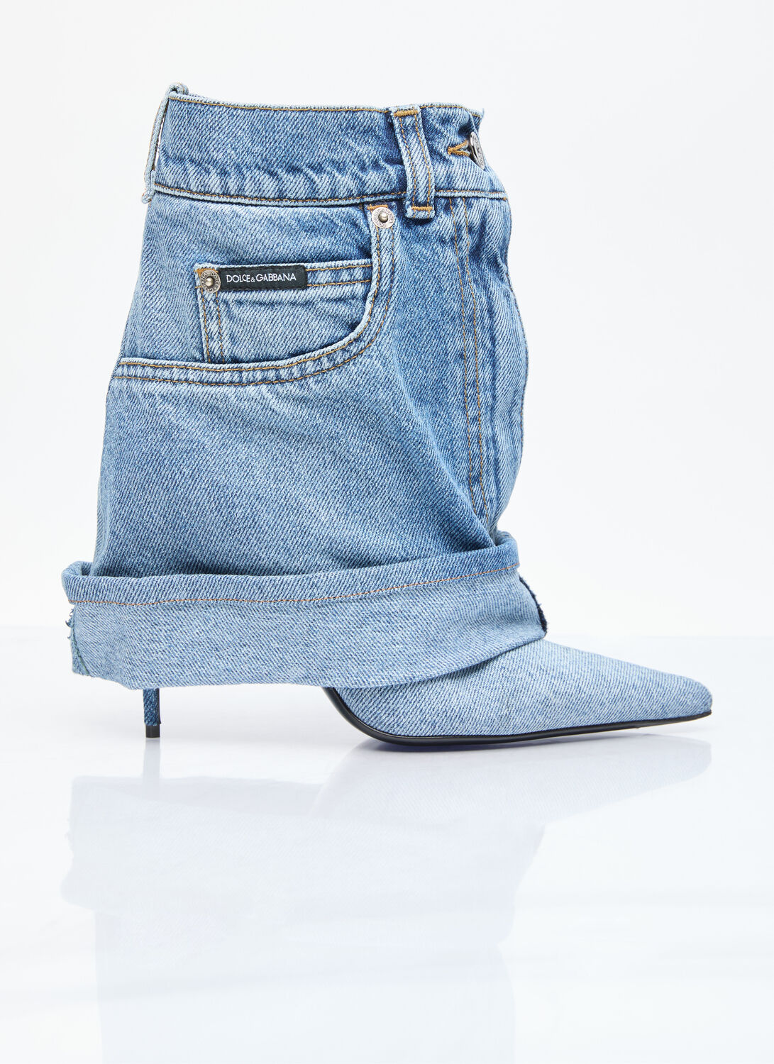 Dolce & Gabbana Pointed Toe Denim Ankle Boots In Blue