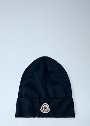 Moncler Ribbed Knit Beanie with Logo Patch Navy mon0166048