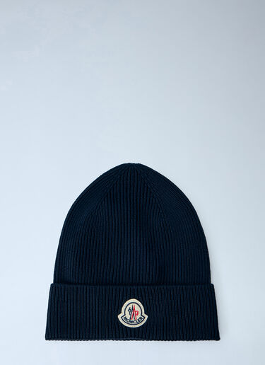 LN-CC® - Moncler: Ribbed Knit Beanie with Logo Patch - Navy Moncler Ribbed Knit Beanie with Logo Patch Navy mon0166048