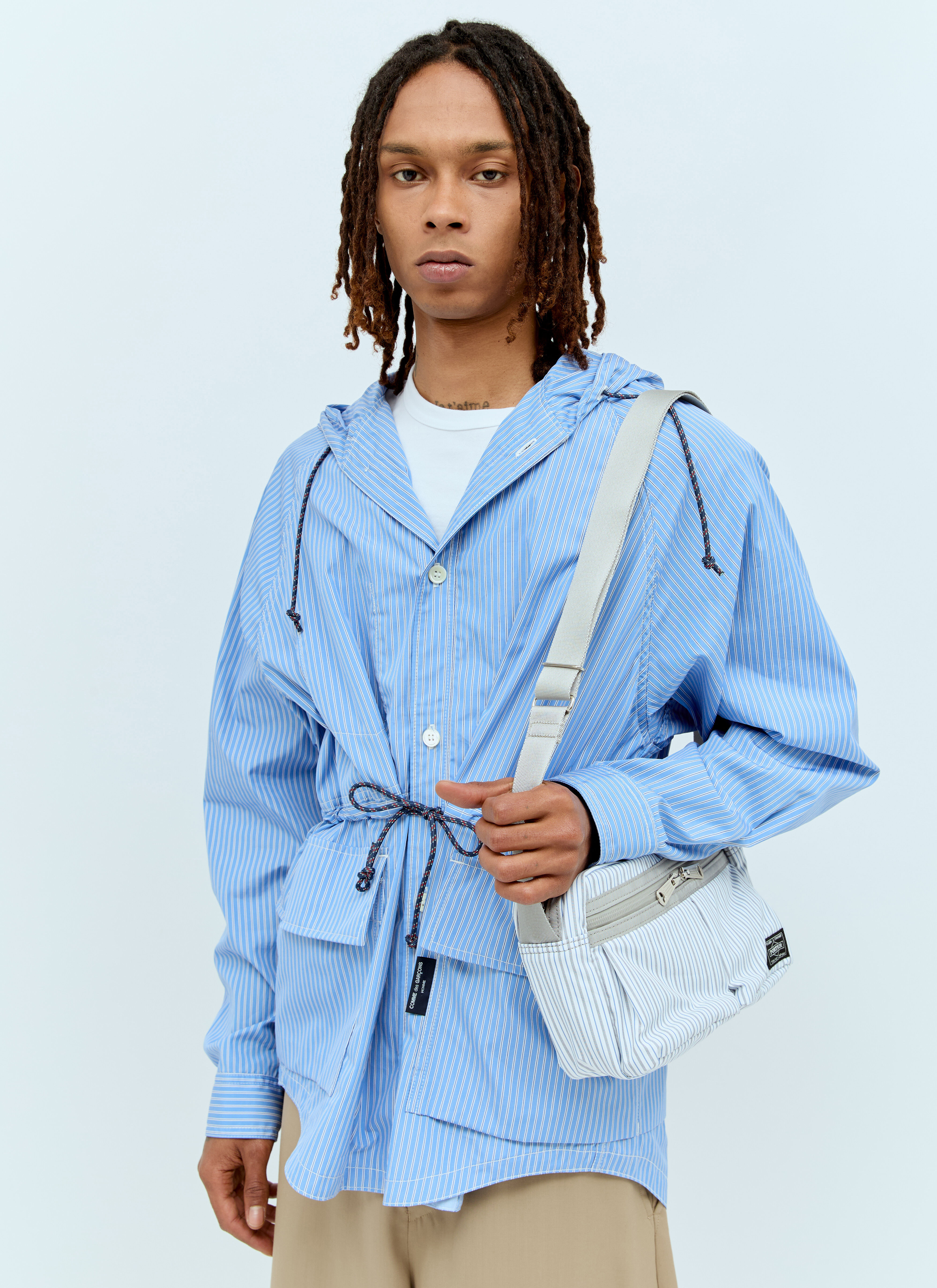 Comme des Garcons Homme Men s x Porter Striped Ripstop Crossbody Bag in White LN CC