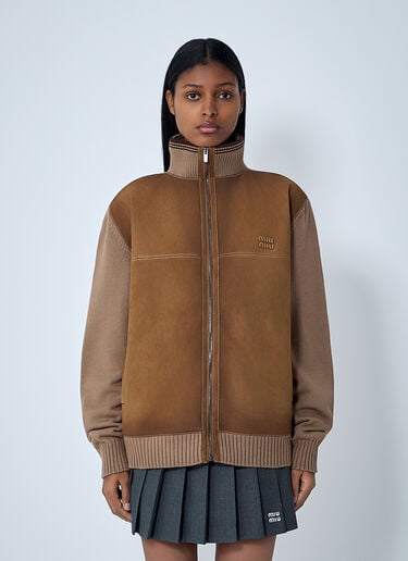 Miu Miu High Neck Suede-Panel Jacket Brown miu0262018