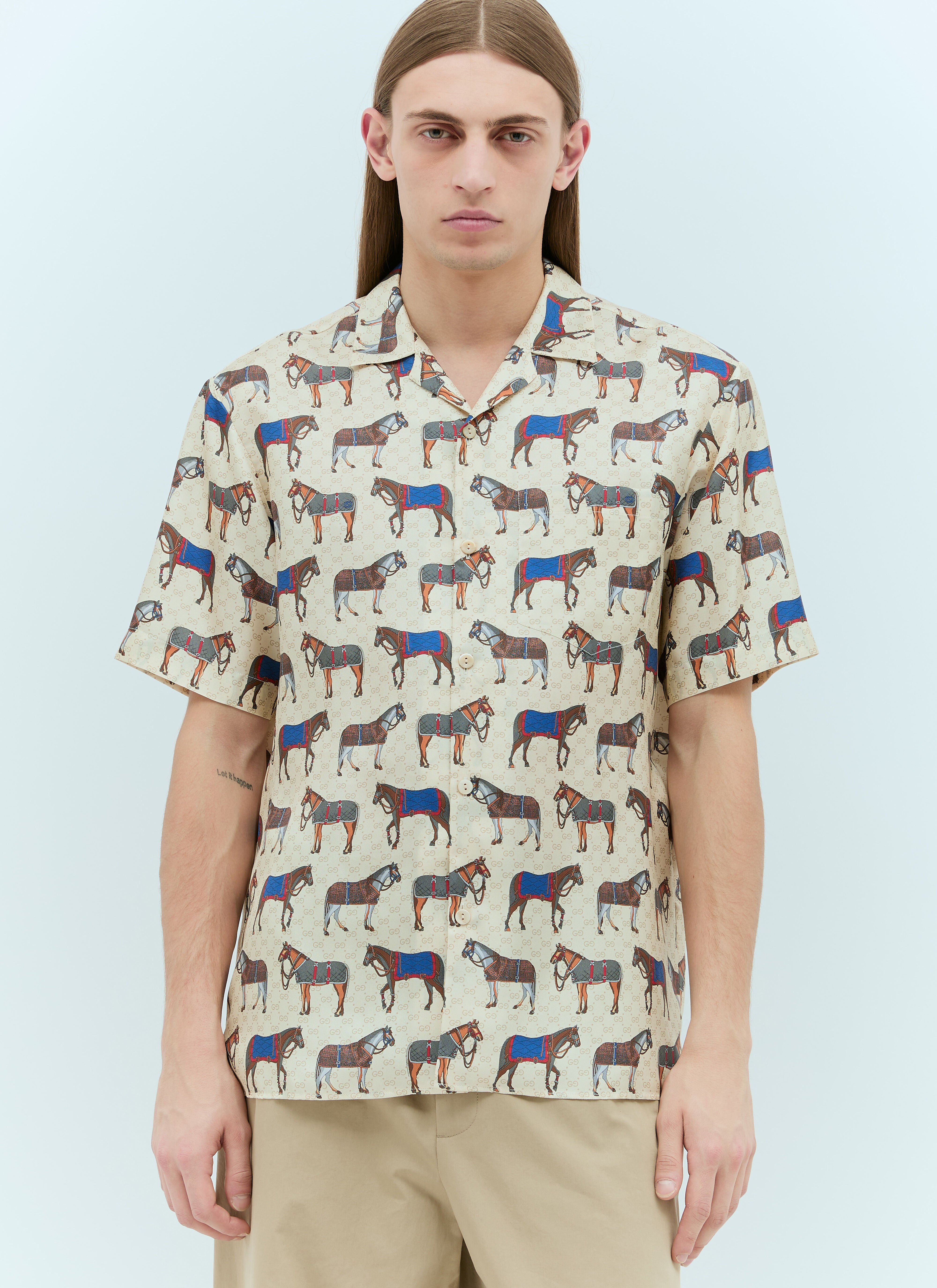 Gucci Horse Print Silk Shirt Beige guc0155035