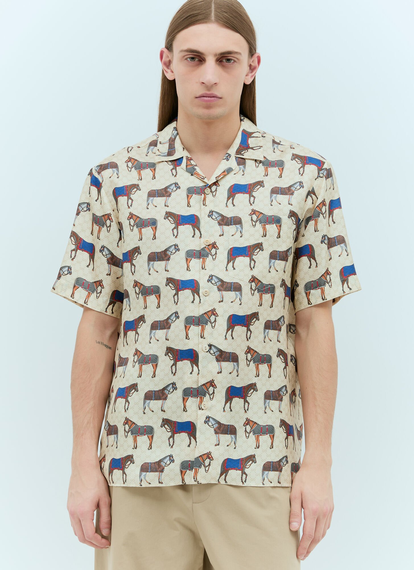 Shop Gucci Horse Print Silk Shirt In Cream