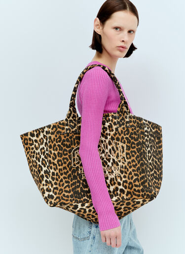 GANNI Leopard Oversized Canvas Tote Bag Brown gan0256010