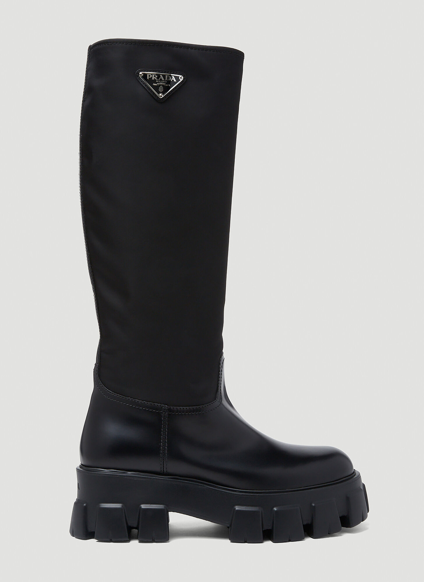 Prada Black Leather And Re-nylon Monolith High Boots In Black