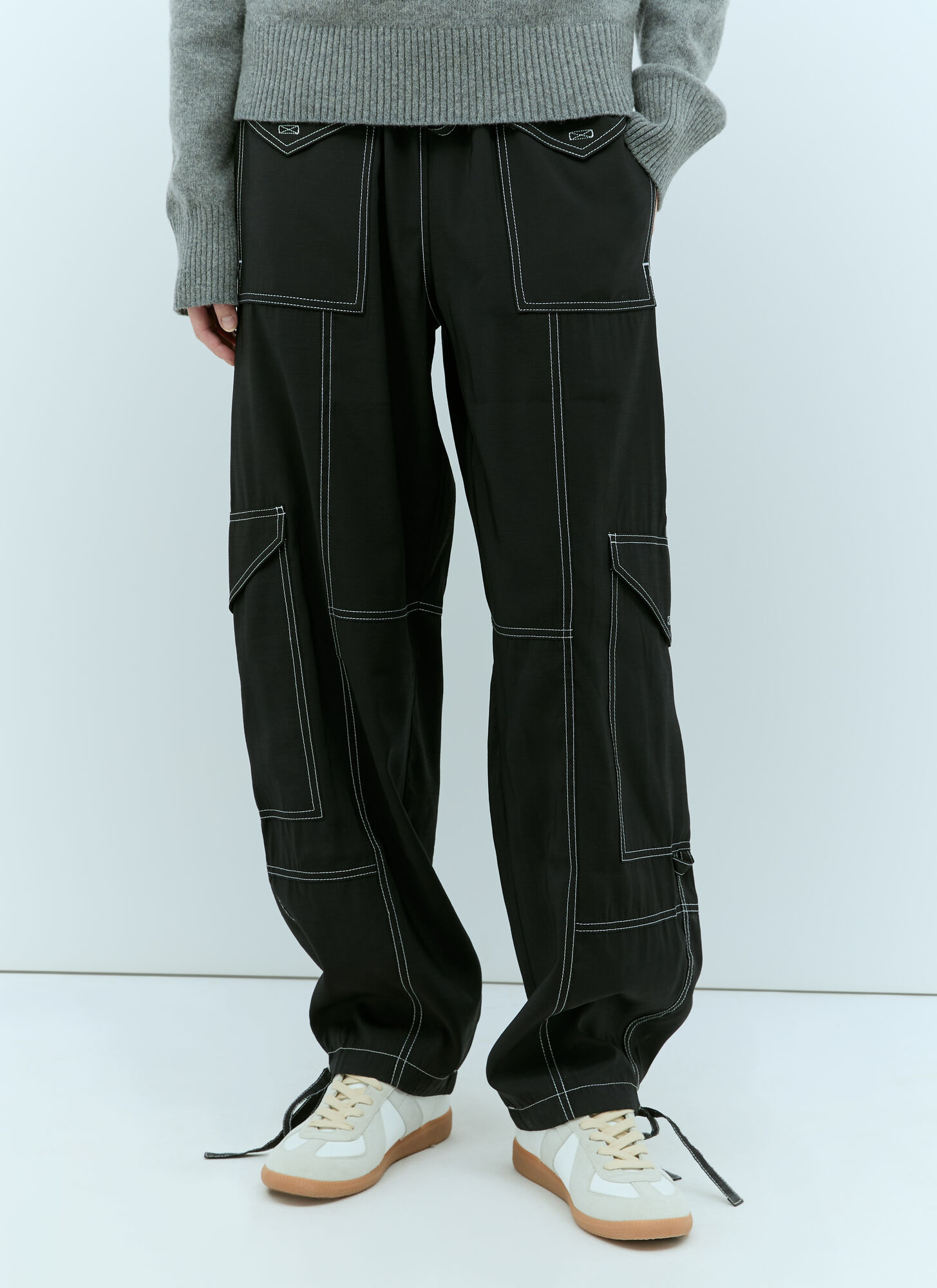 Shop Ganni Light Slub Pocket Pants In Black