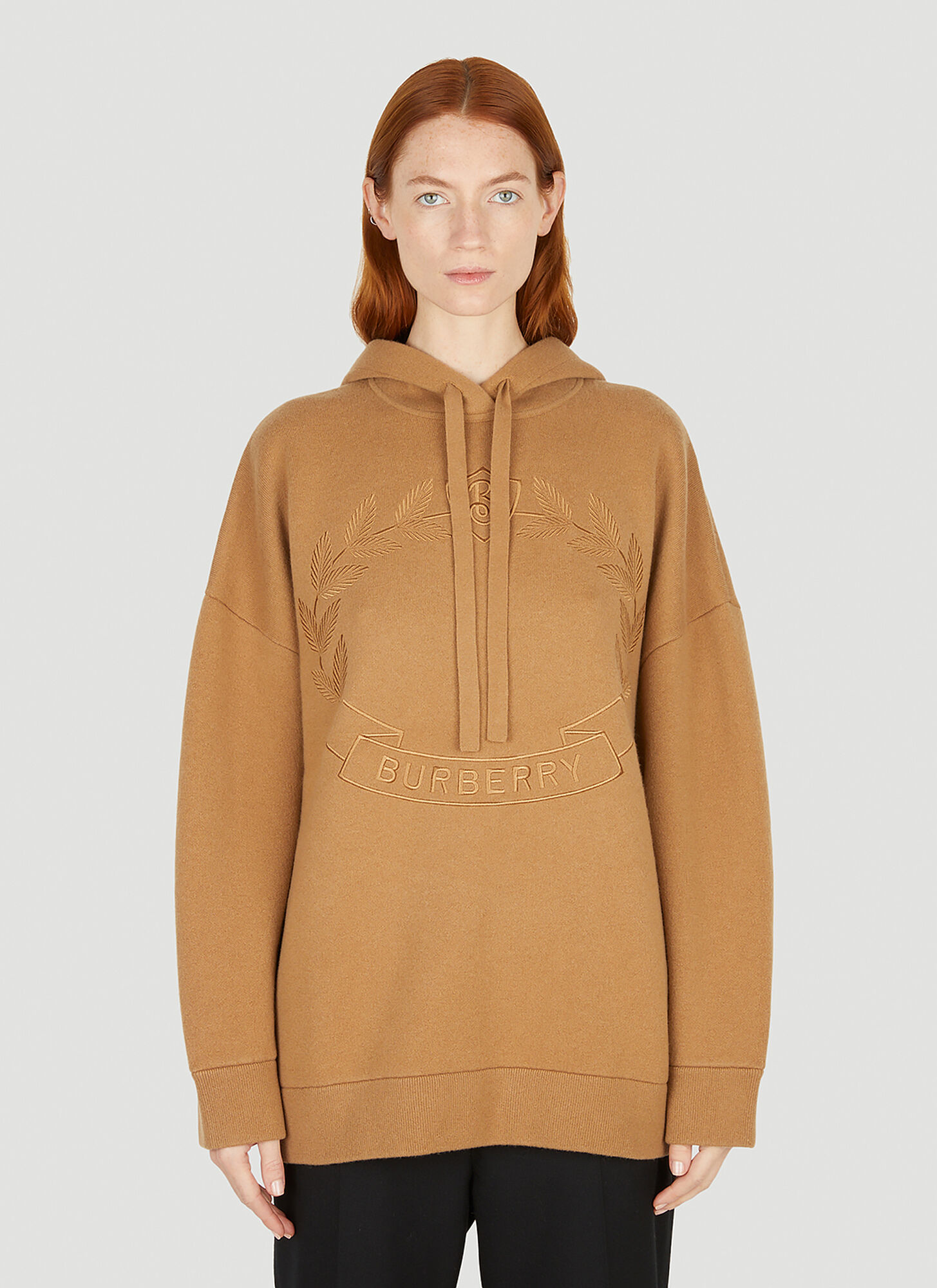 Burberry Cristiana Crest Knit Hoodie In Camel