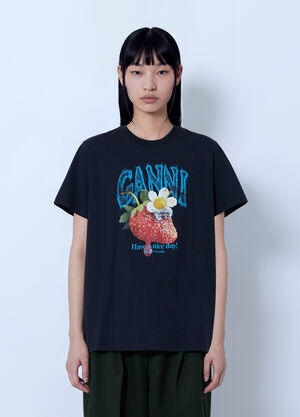 GANNI Fruit Logo Cotton T-Shirt Black gan0265043