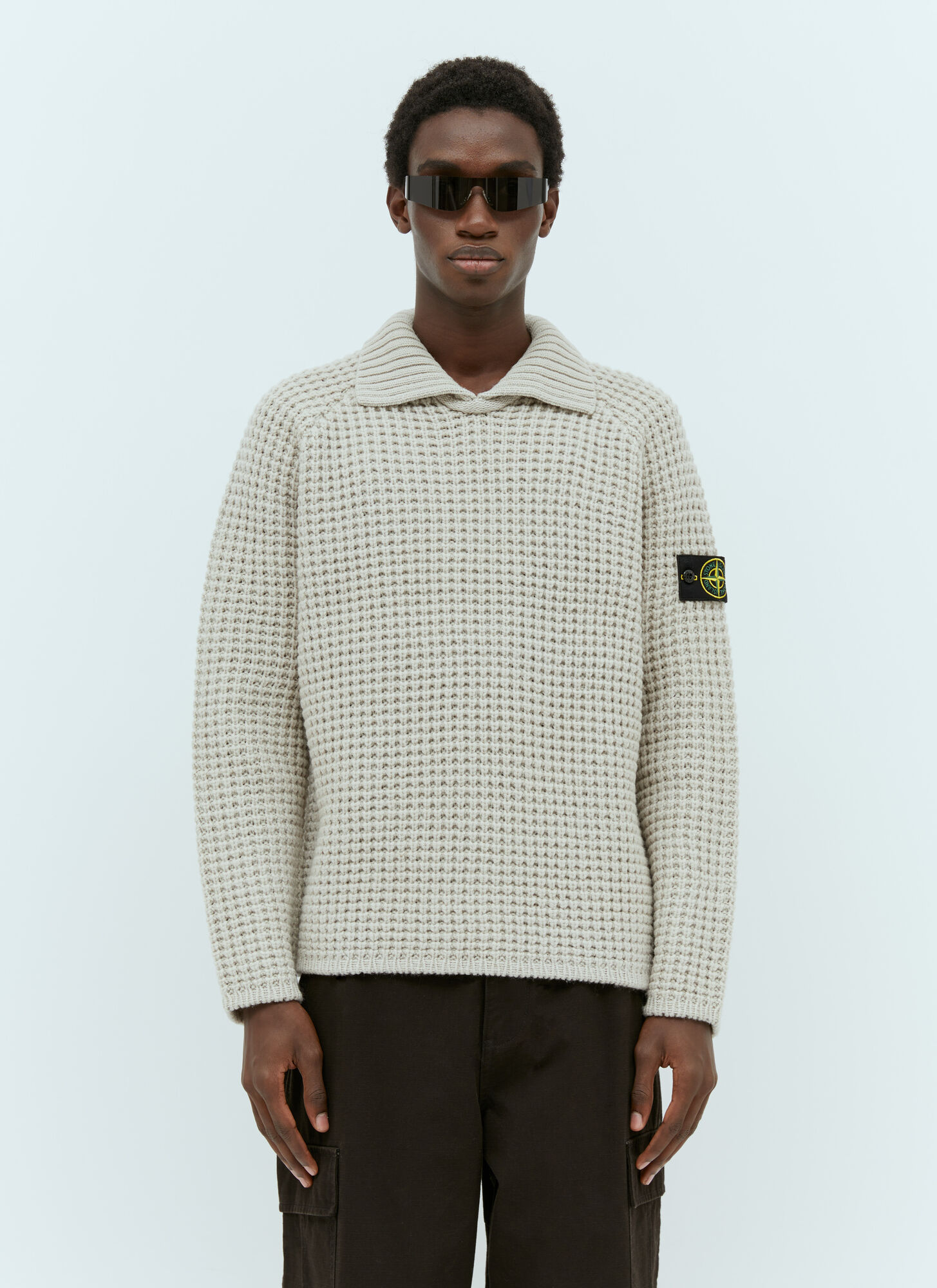 Shop Stone Island Spread Collar Wool Sweater In Cream