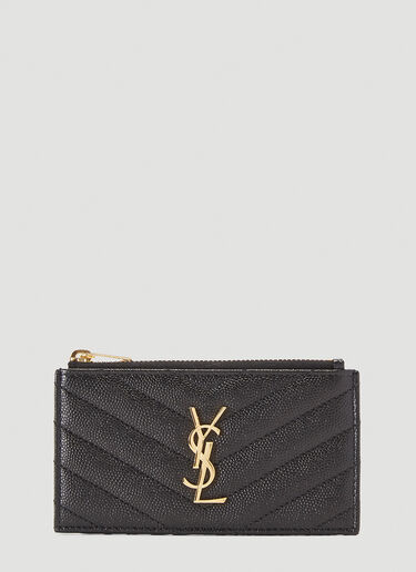 Saint Laurent 徽标铭牌细纹粒面皮革钱包 黑 sla0240028