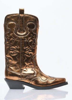 Ganni Mid Shaft Embroidered Metallic Western Boots Brown gan0258046