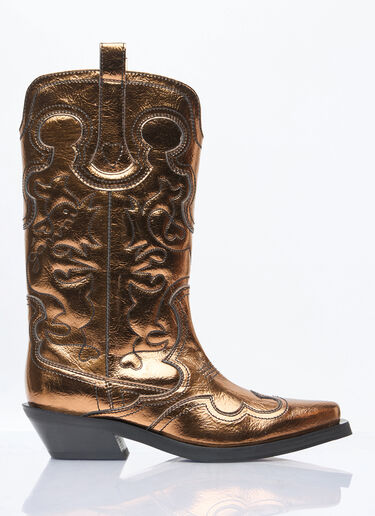 Ganni Mid Shaft Embroidered Metallic Western Boots Brown gan0258046