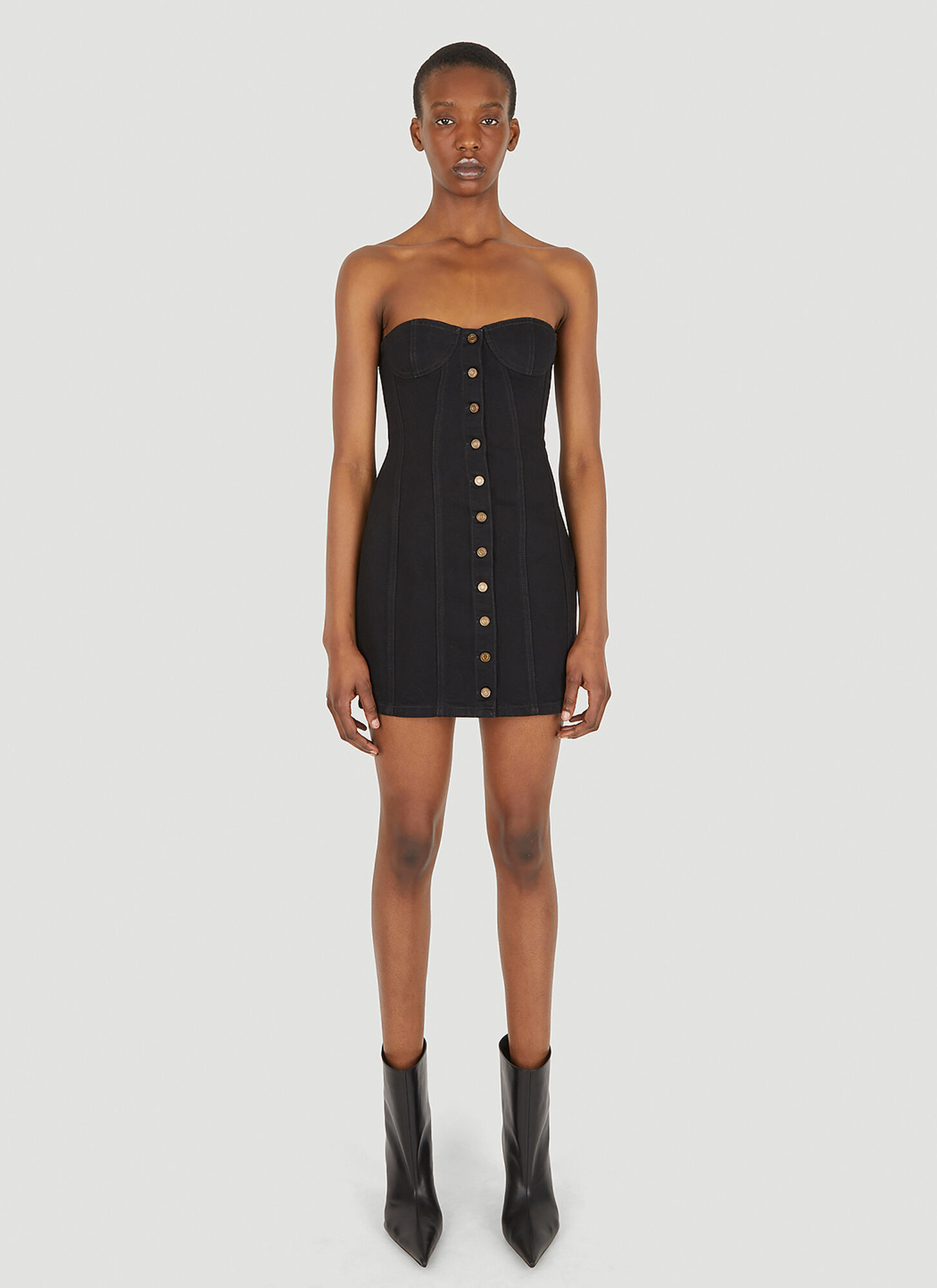 Shop Saint Laurent Strapless Denim Mini Dress In Black
