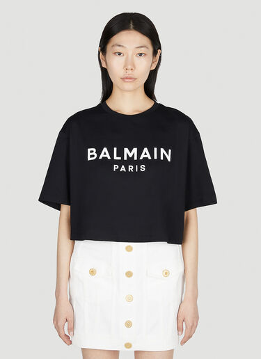Balmain Logo Print Cropped T-Shirt Black bln0252007