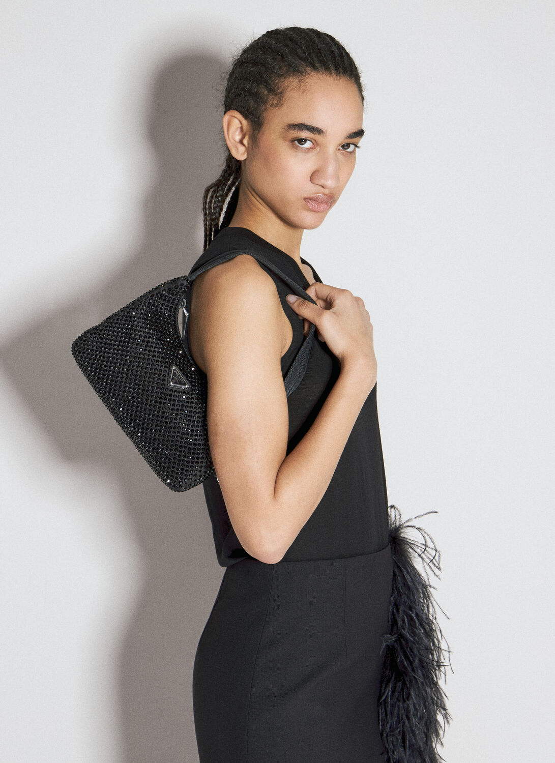 Shop Prada Crystal-embellished Satin Mini Bag In Black