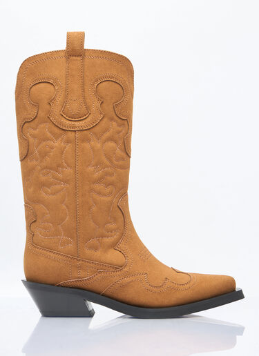 Ganni Mid Shaft Embroidered Western Boots Brown gan0258045