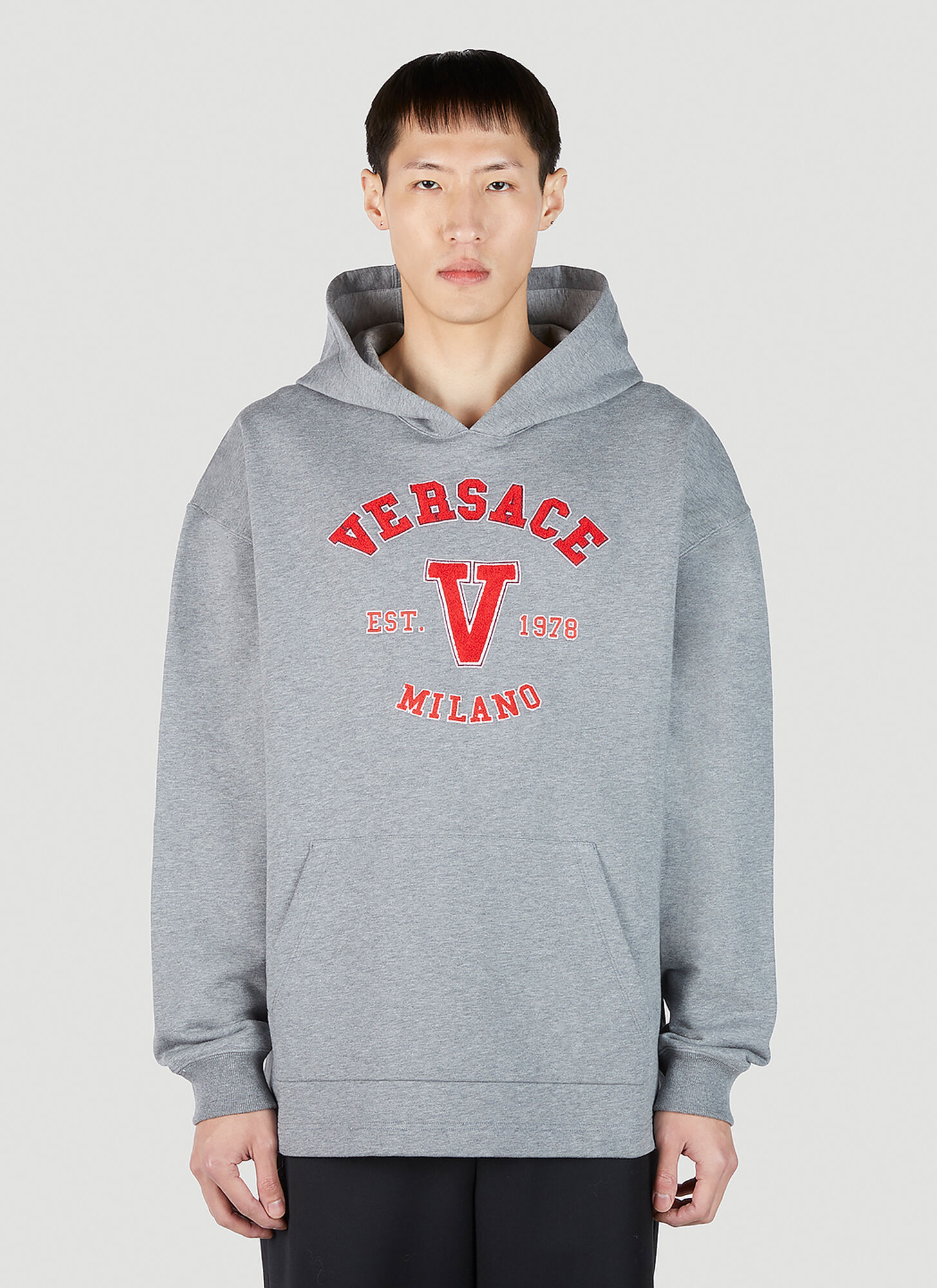 Shop Versace Varsity Logo Patch Hooded Sweatshirt