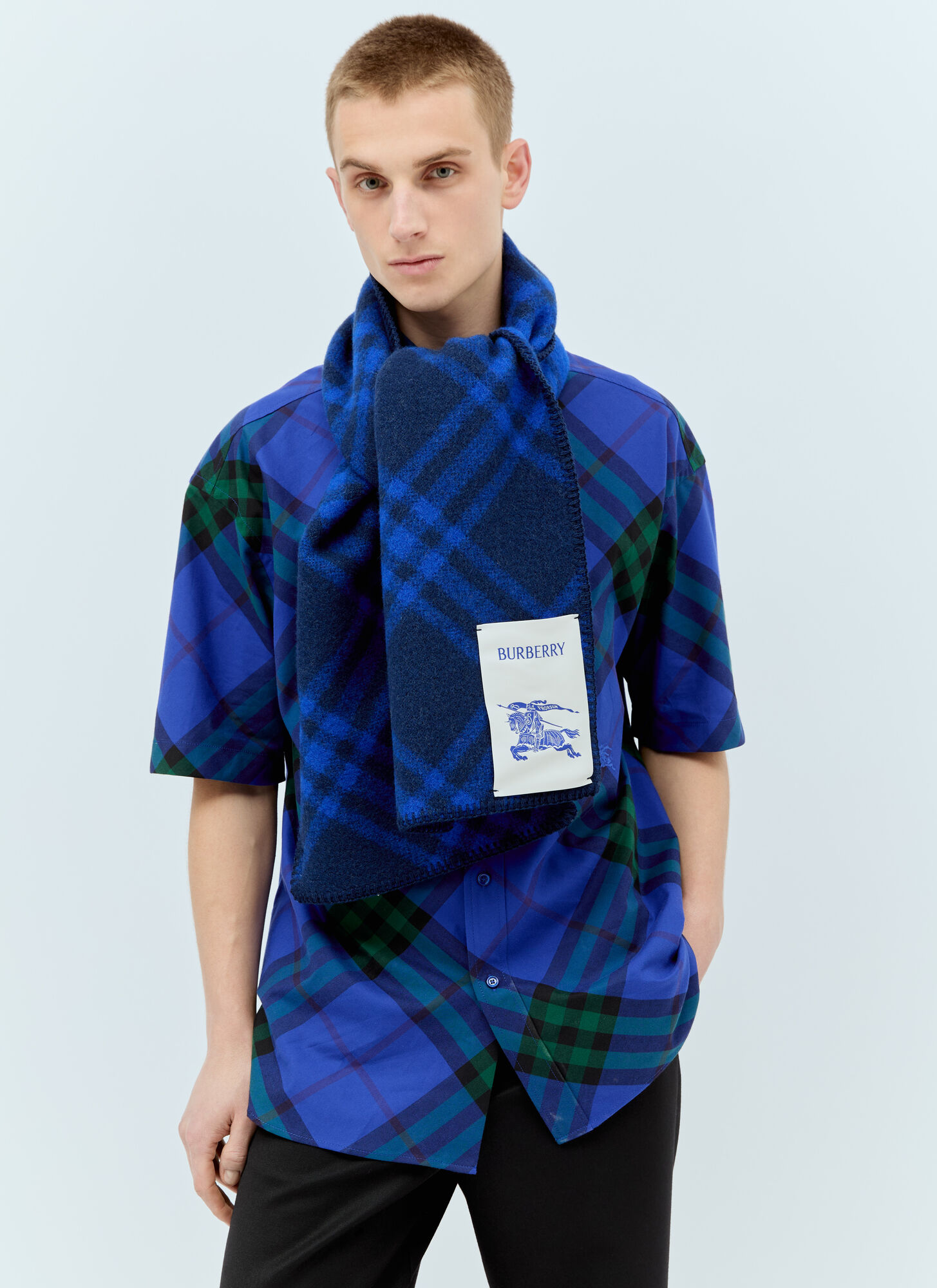 Shop Burberry Check Wool Scarf In Navy