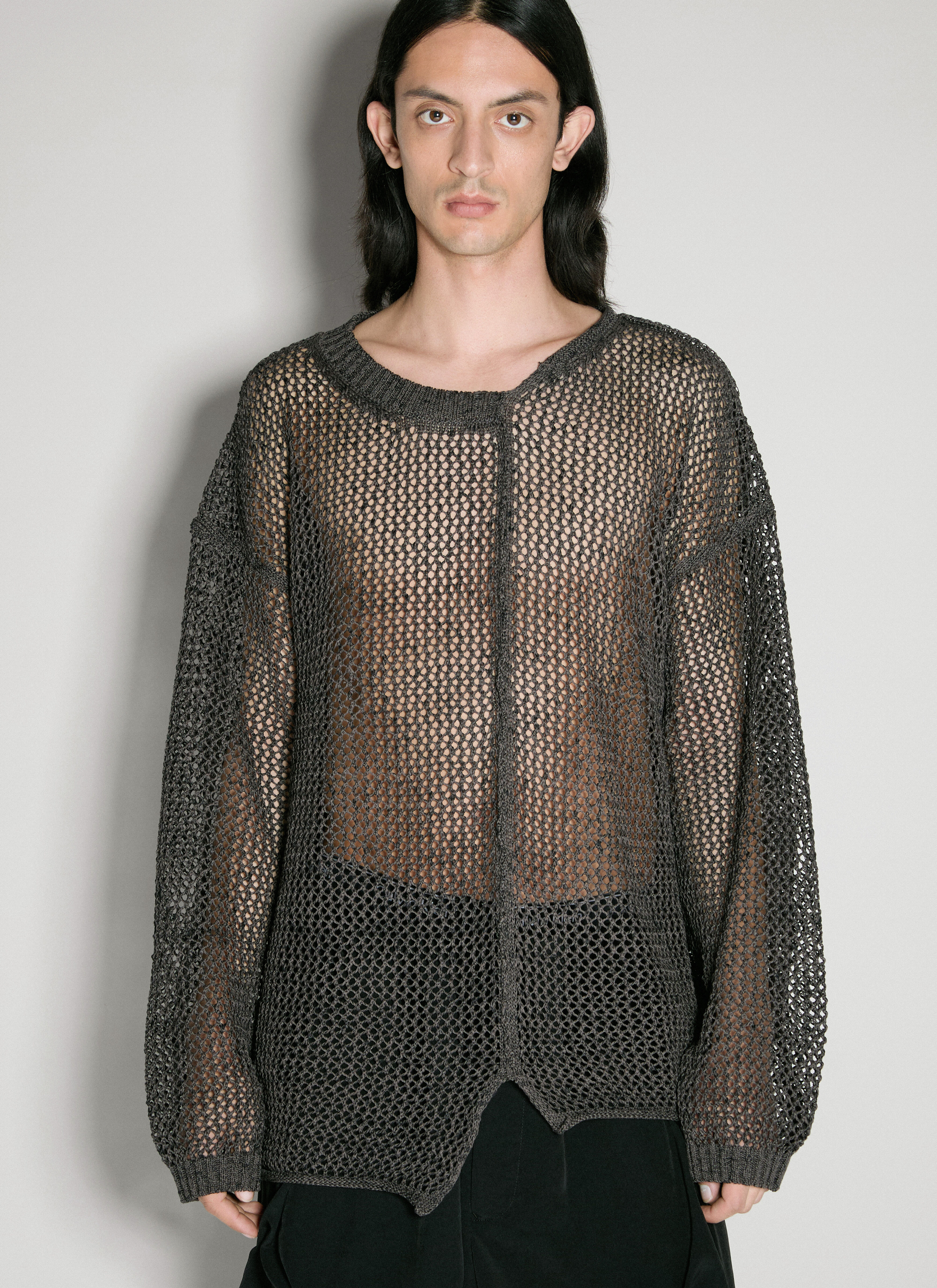 Yohji Yamamoto 언이븐 오픈 니트 스웨터  블랙 yoy0156012